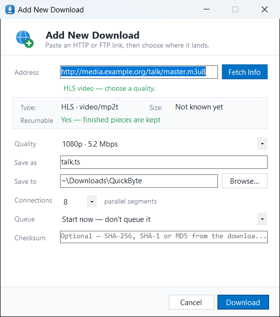 The Add New Download window with a video address entered and a Quality list set to 1080p at 5.2 megabits per second.
