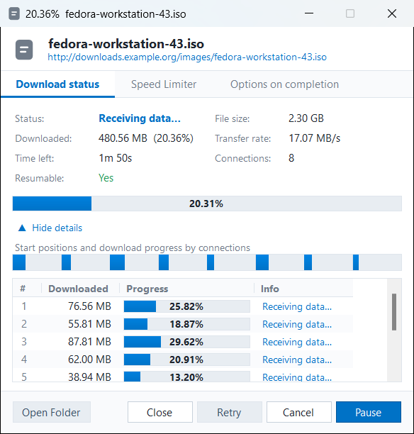 A download's details window at 20 percent, with a bar showing eight separate ranges and a table of each connection's progress.