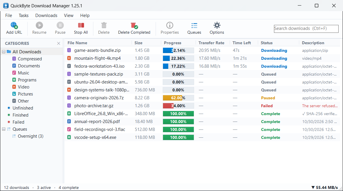 QuickByte's main window: three downloads running at 55 MB/s, with queued, paused, failed and finished files listed below them.