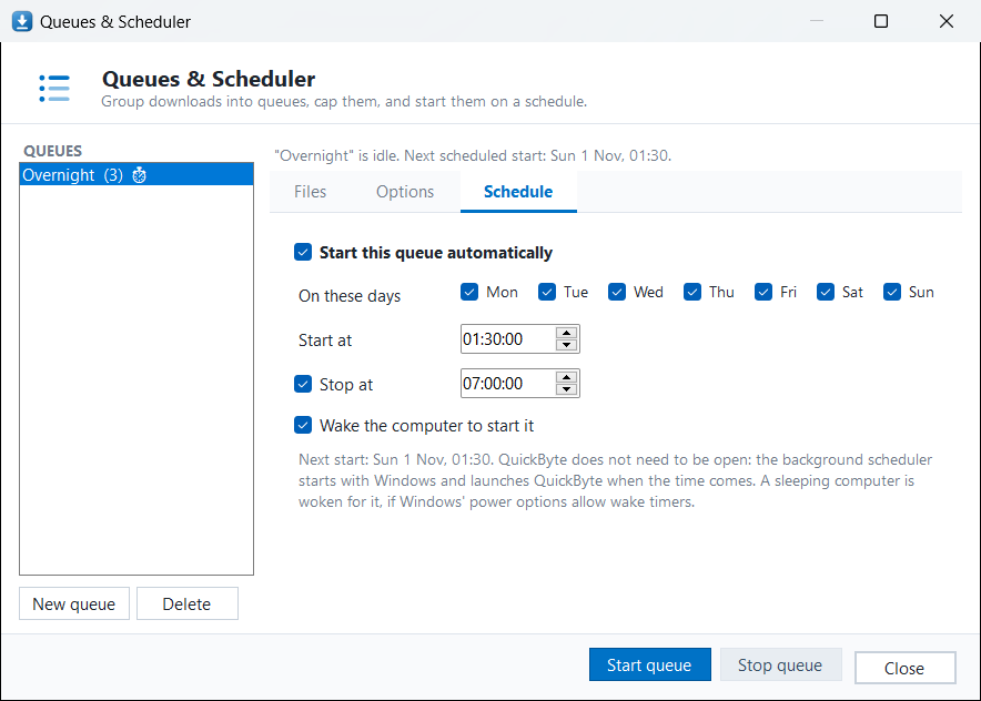 The Queues and Scheduler window: a queue called Overnight set to start at 01:30 every day, stop at 07:00 and wake the computer.